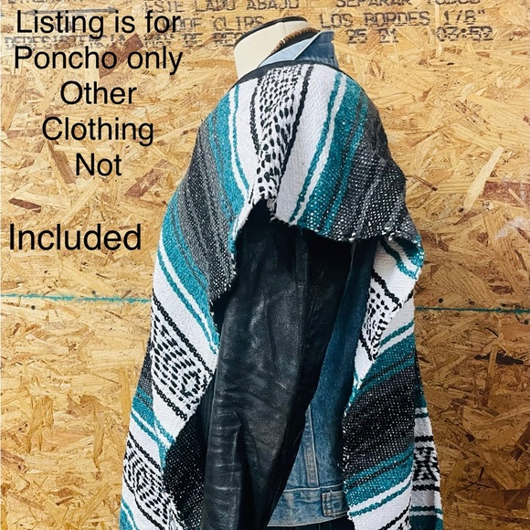 Mexican Falsa Blanket Teal PONCHO Vest Deadhead / Hippie / Easy Rider / Beach - Picture 3 of 4